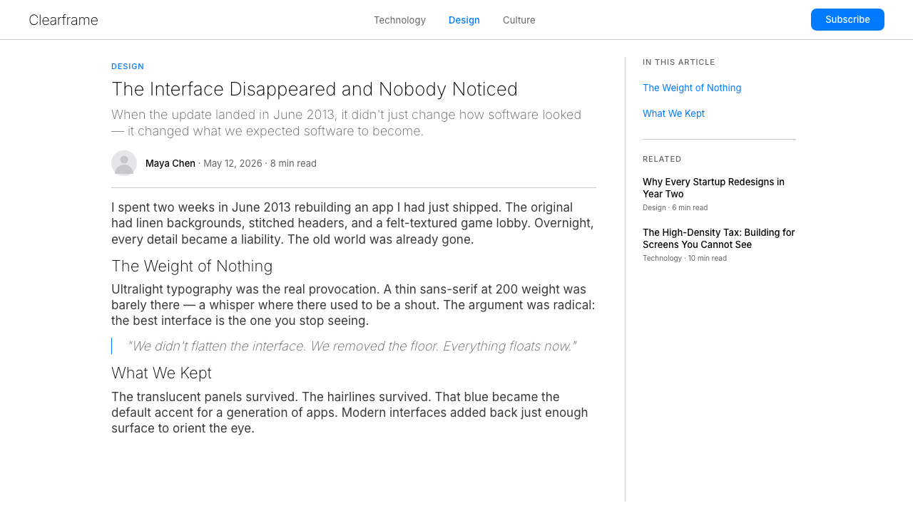 iOS 7 Flat design style applied to a Article page