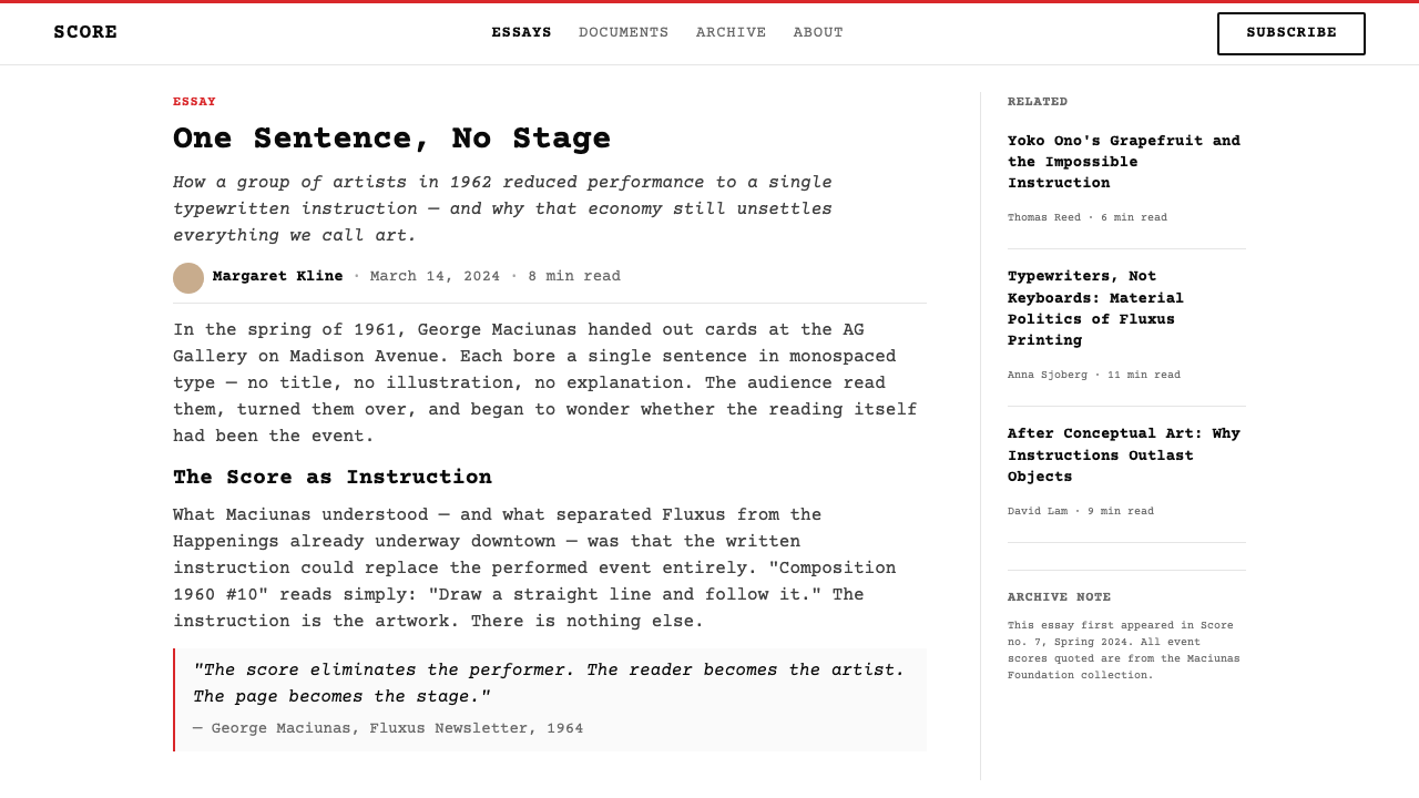 Fluxus Event Score (1962) design style applied to a Article page