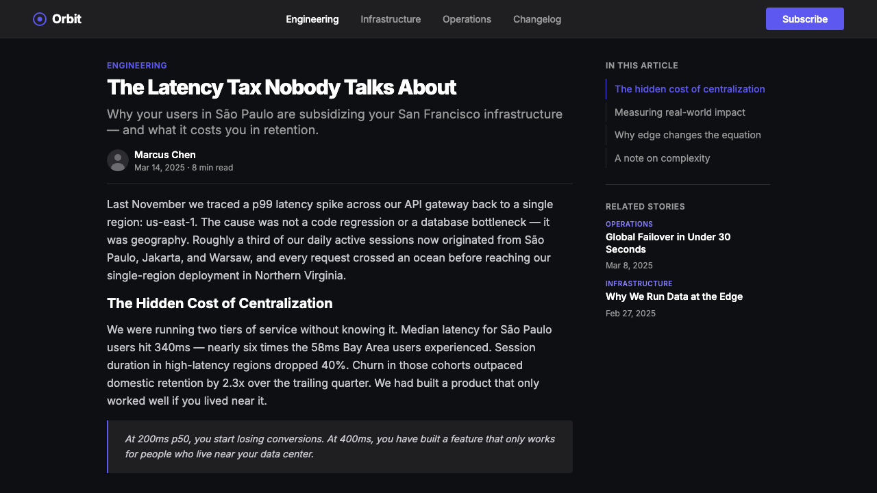 Fly.io Edge-Compute Purple design style applied to a Article page