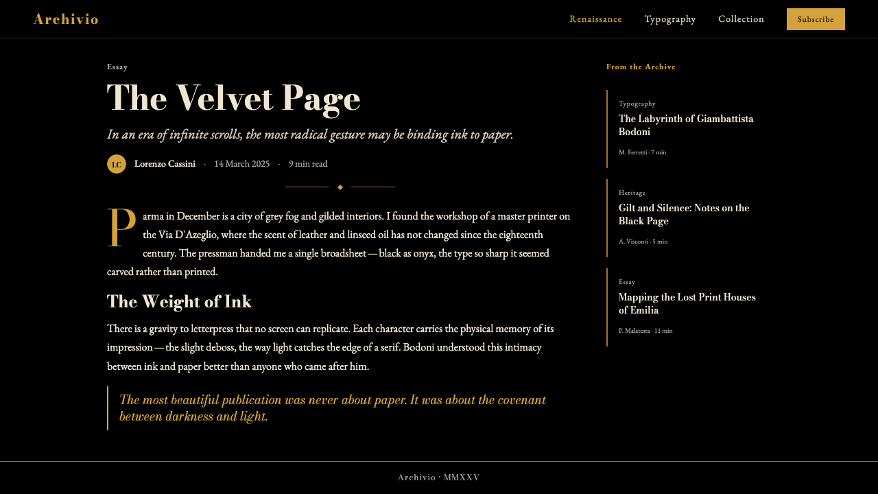 FMR (Franco Maria Ricci) design style applied to a Article page