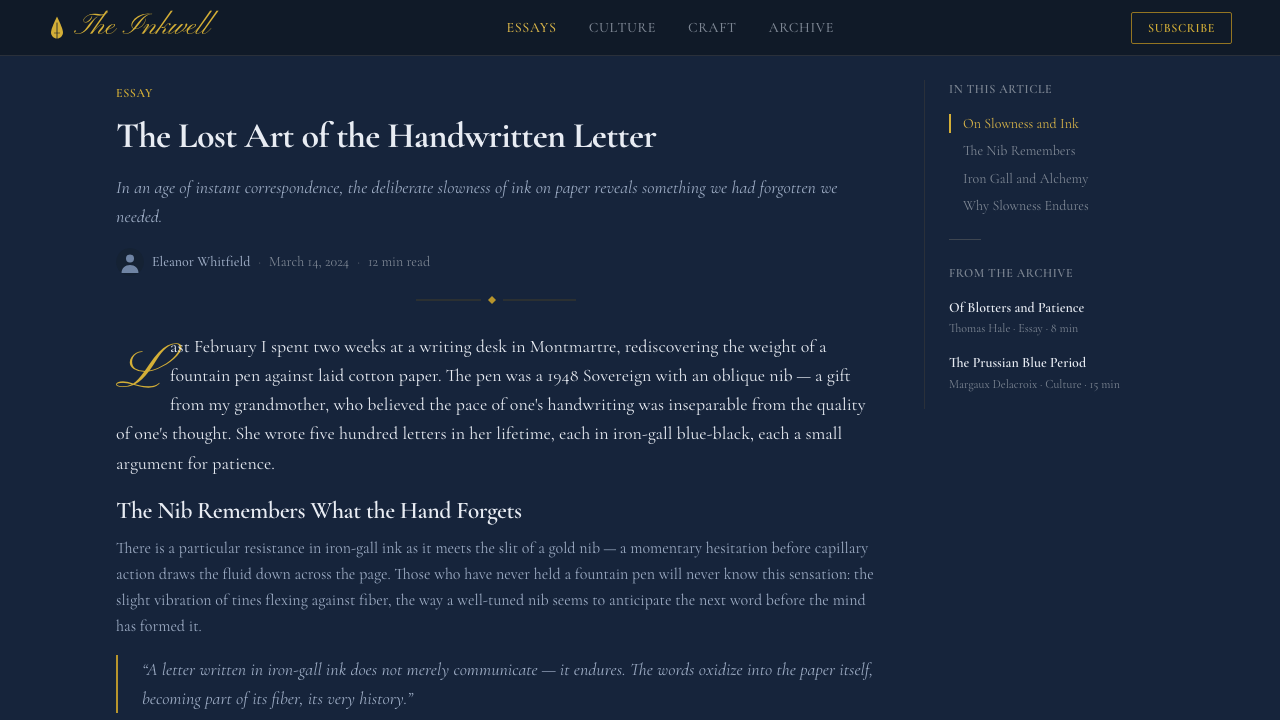 Fountain Pen & Ink design style applied to a Article page