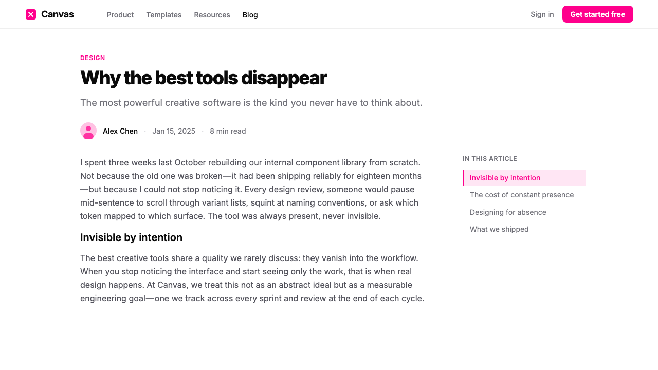 Framer Motion Pink design style applied to a Article page