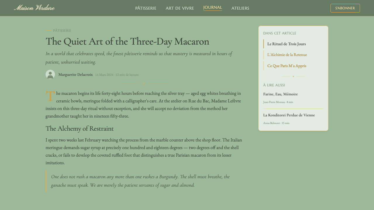 French Pâtisserie design style applied to a Article page