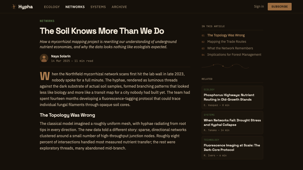 Mycelium Network design style applied to a Article page