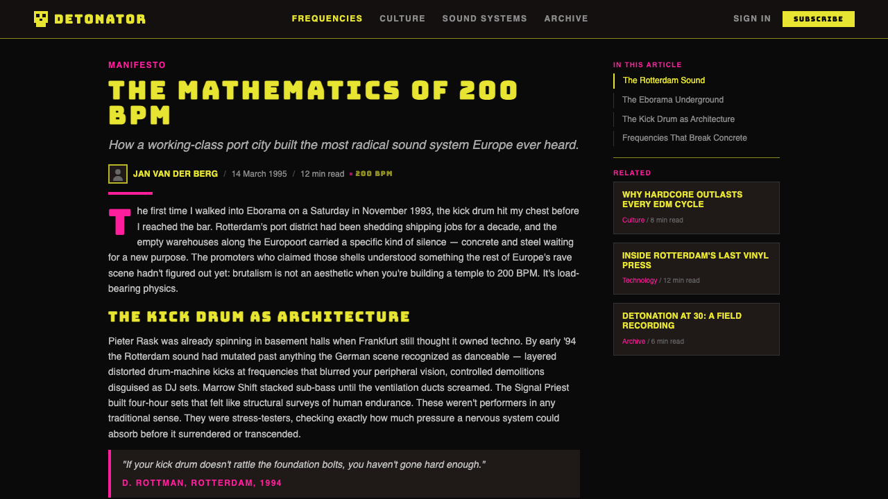 Rotterdam Gabber Hardcore design style applied to a Article page