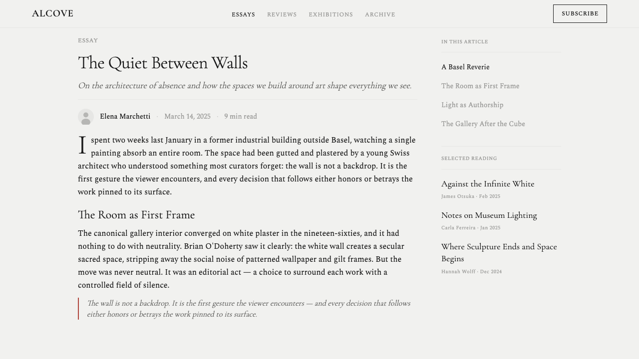 White Cube Gallery design style applied to a Article page