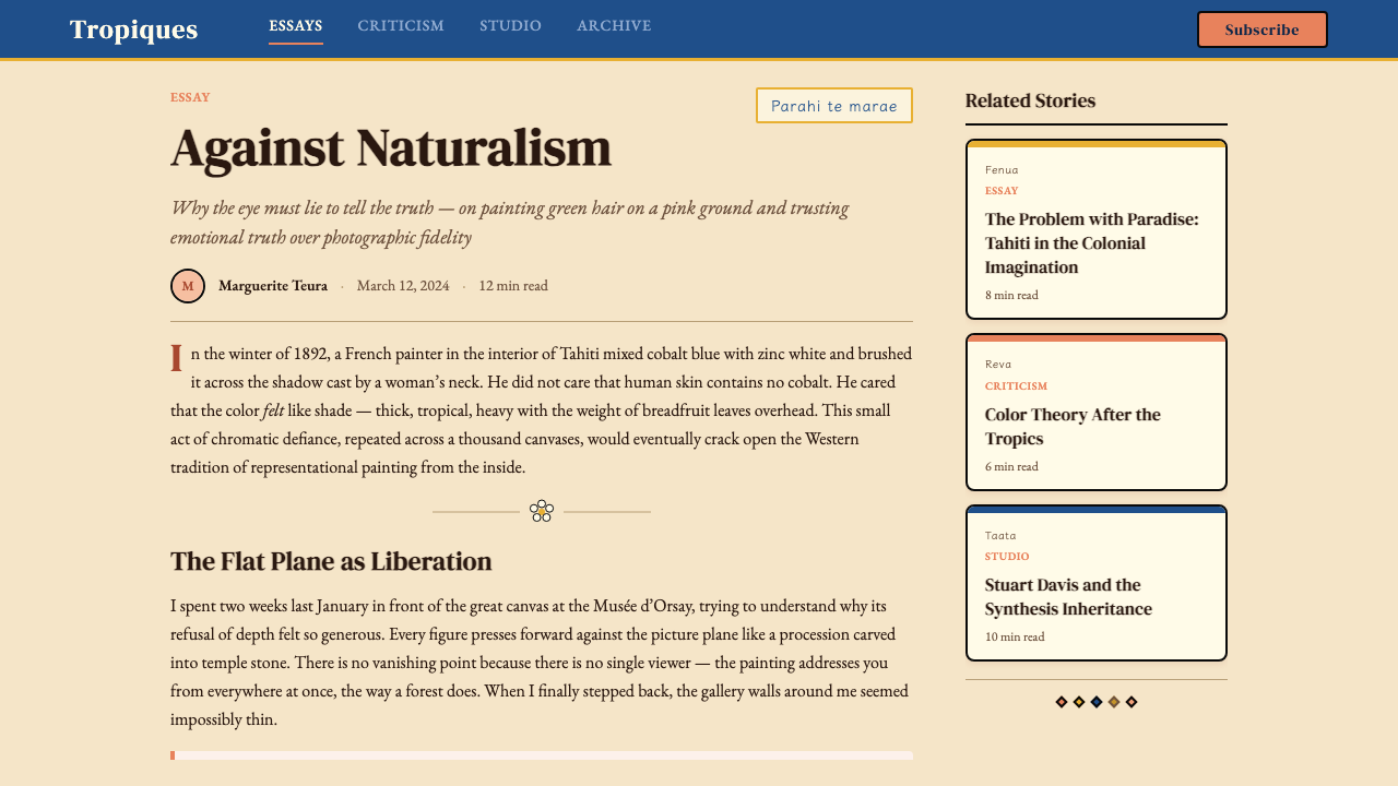 Gauguin — Tahiti Synthetism design style applied to a Article page