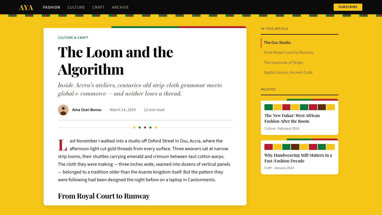 Ghana Kente Fashion 2020 design style applied to a Article page