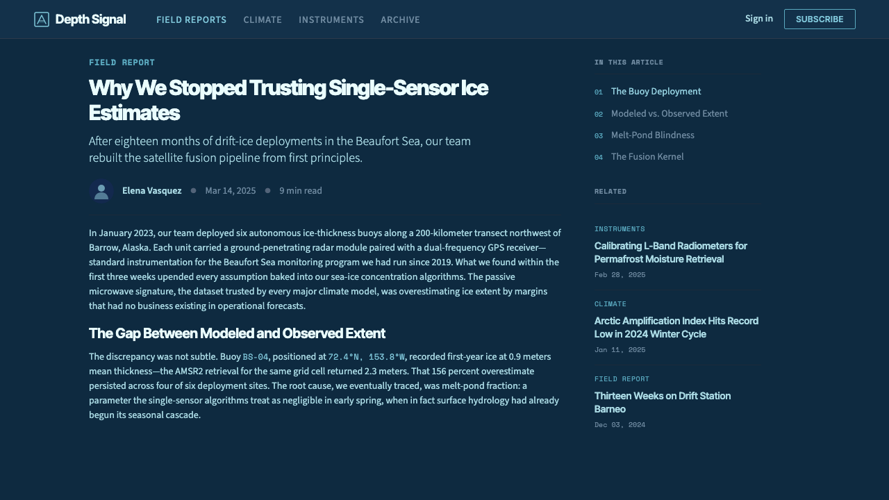 Glacier Arctic Survey design style applied to a Article page