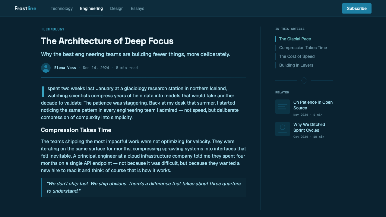 Glacier Ice Cave design style applied to a Article page