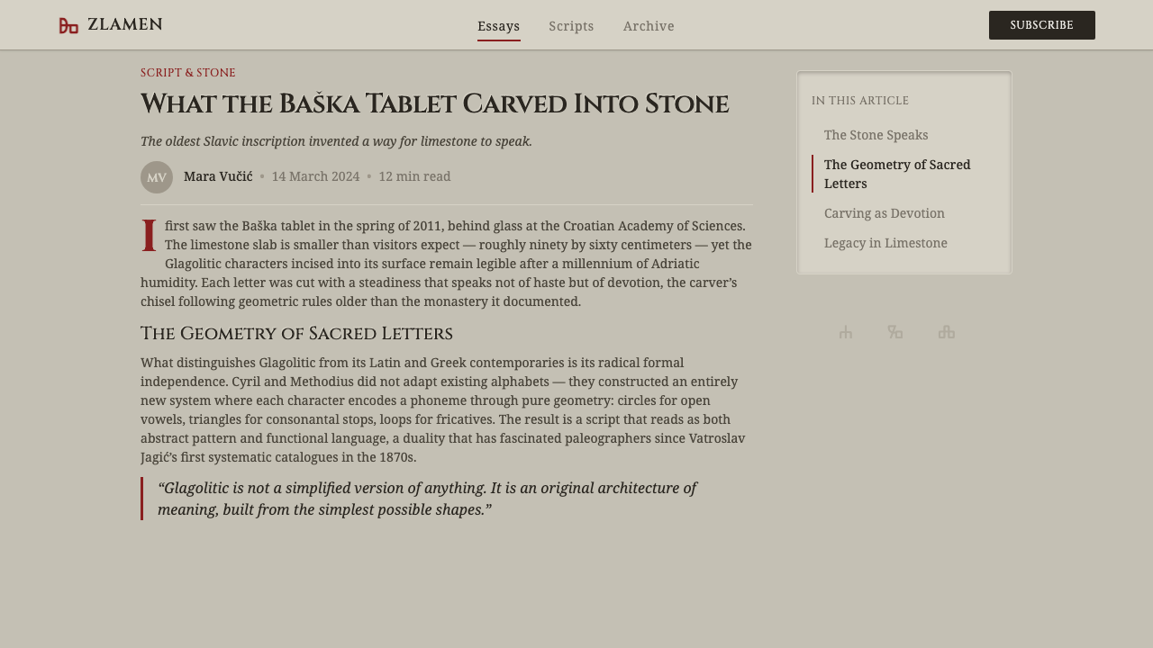 Glagolitic Script design style applied to a Article page