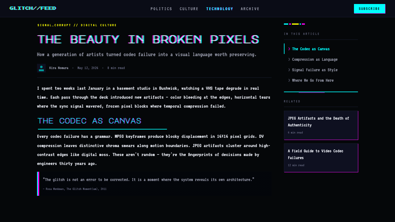 Glitch Datamosh design style applied to a Article page