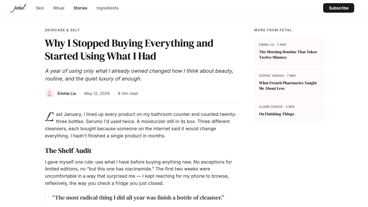 Glossier design style applied to a Article page