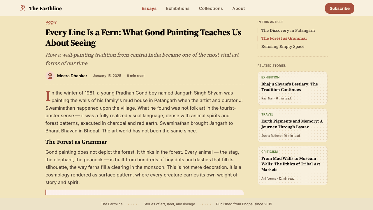 Gond Tribal Art (Madhya Pradesh) design style applied to a Article page