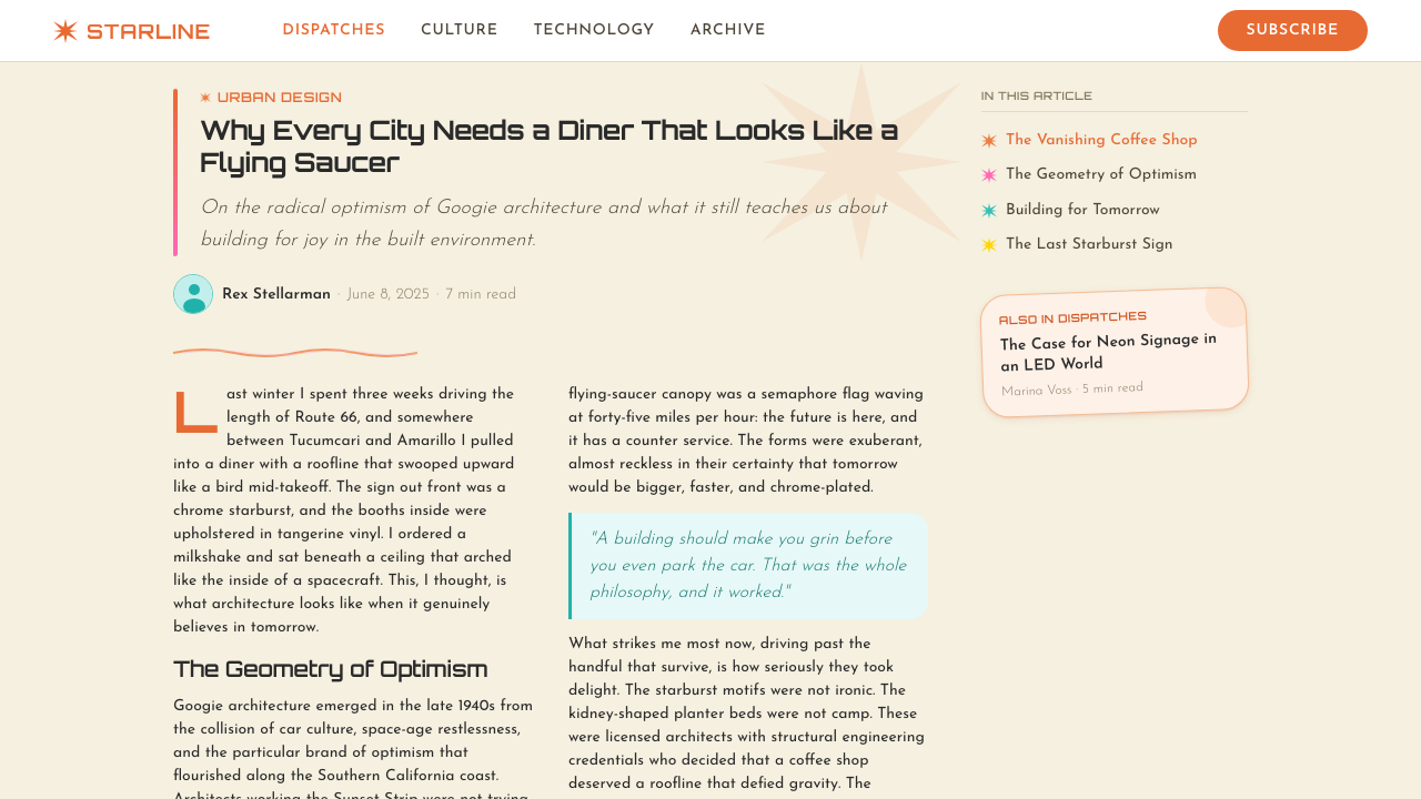 Googie / Space Age (1960s) design style applied to a Article page