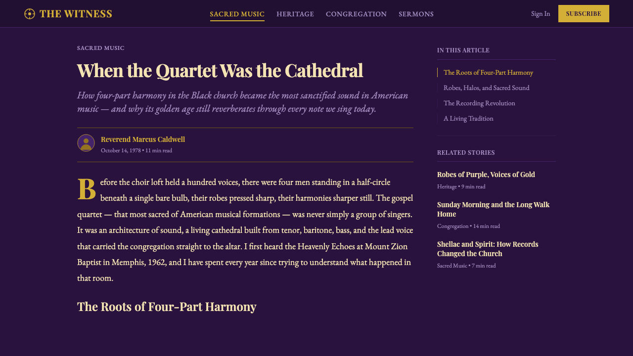Gospel Quartet design style applied to a Article page