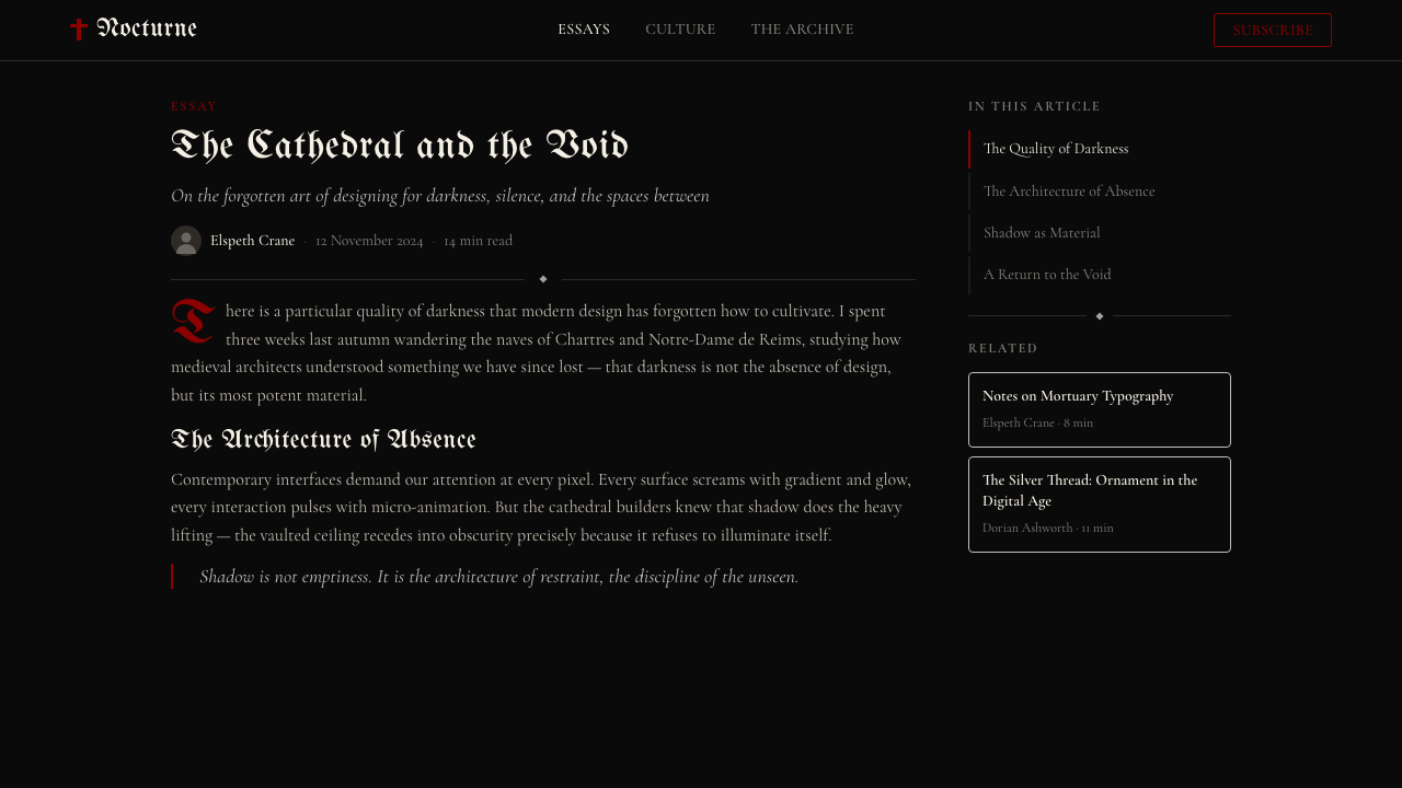Traditional Goth design style applied to a Article page