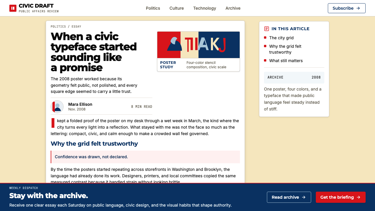 Gotham / Obama Hope Poster (2008) design style applied to a Article page