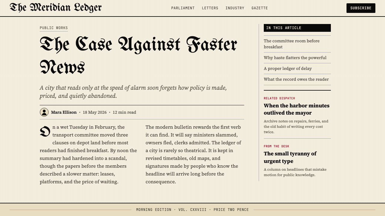 Gothic Blackletter Newspaper Masthead (1700) design style applied to a Article page