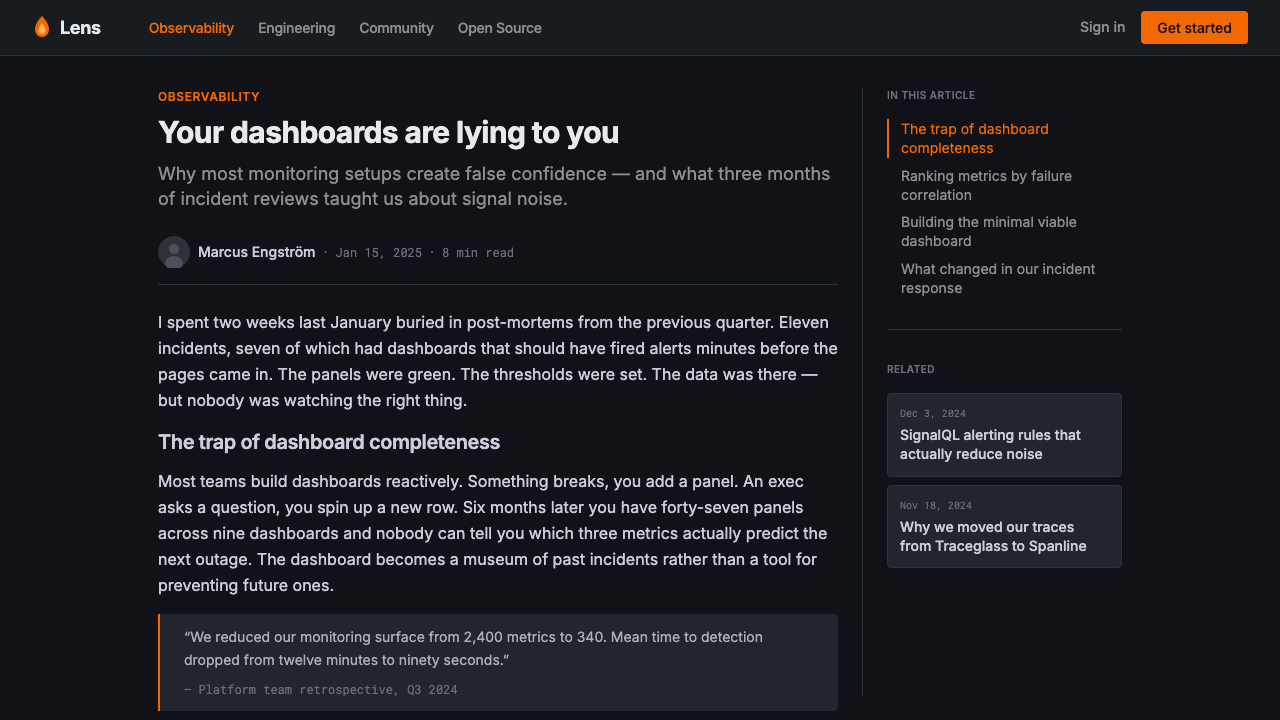 Grafana design style applied to a Article page