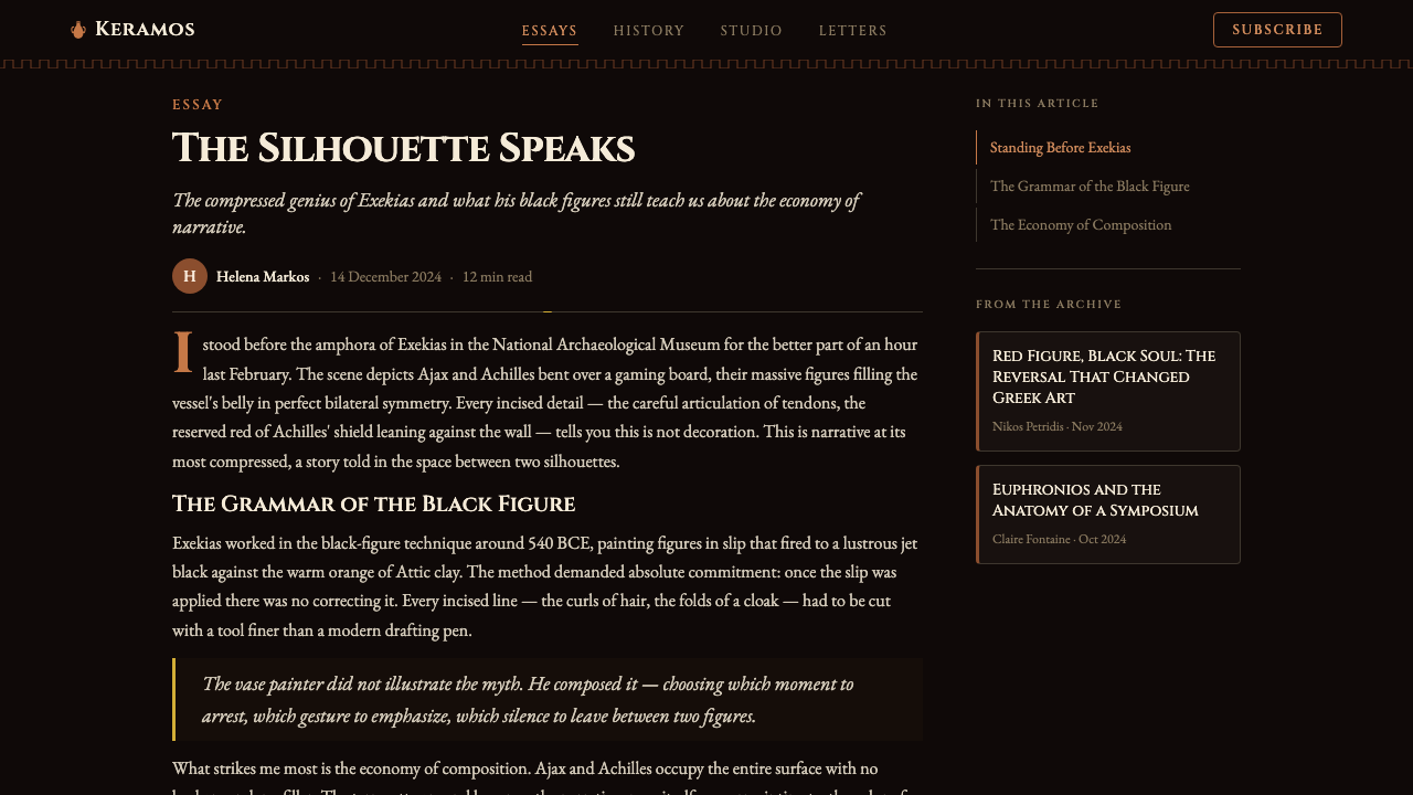 Greek Vase Attic (500 BC) design style applied to a Article page