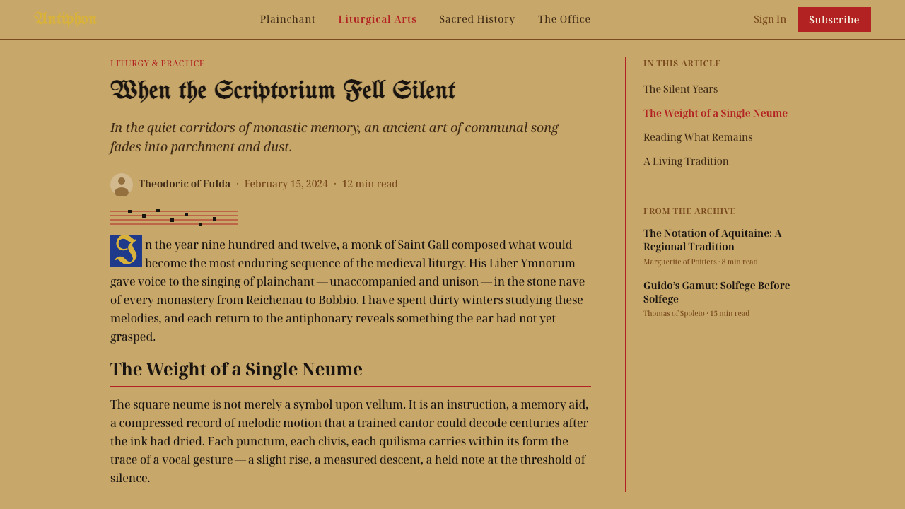 Gregorian Chant Neumes design style applied to a Article page
