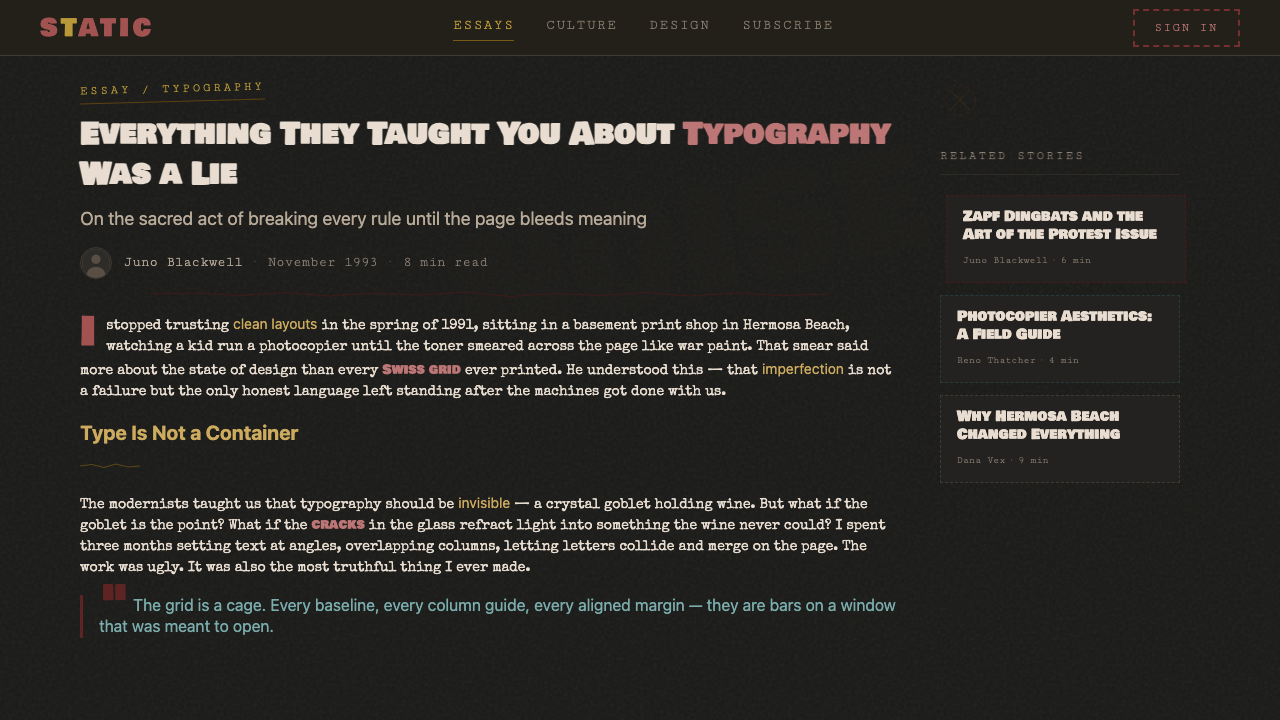 Grunge (Carson 1993) design style applied to a Article page