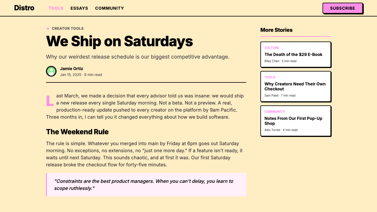 Gumroad Creator design style applied to a Article page