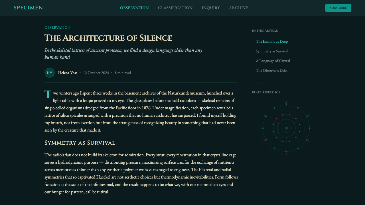 Haeckel Kunstformen design style applied to a Article page
