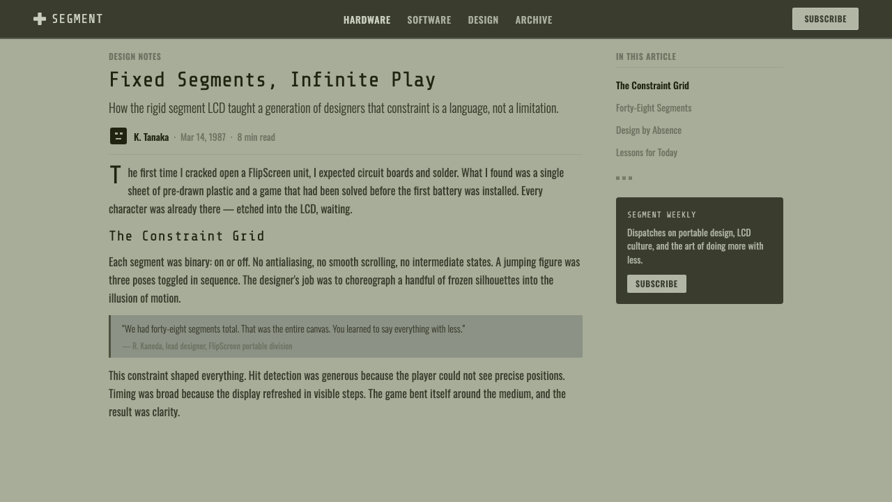 Handheld LCD Game design style applied to a Article page