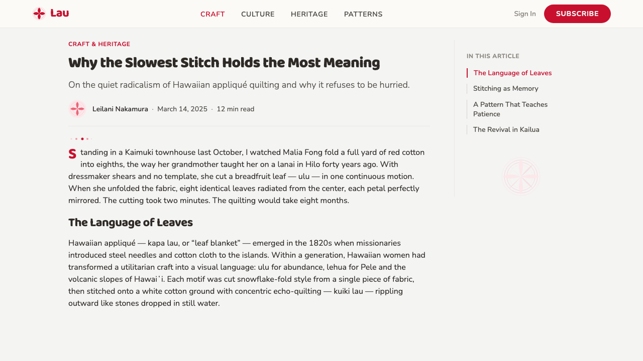Hawaiian Quilt design style applied to a Article page