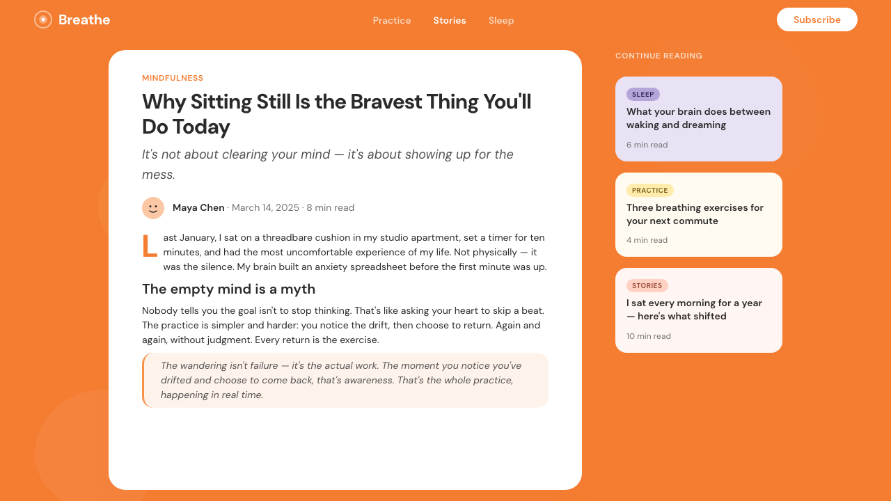 Headspace Orange Meditation design style applied to a Article page