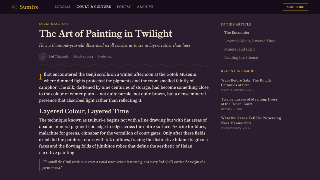 Heian Genji Scroll design style applied to a Article page