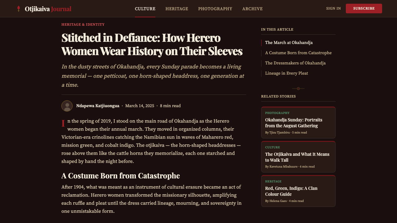 Herero Victorian Dress (Namibia) design style applied to a Article page