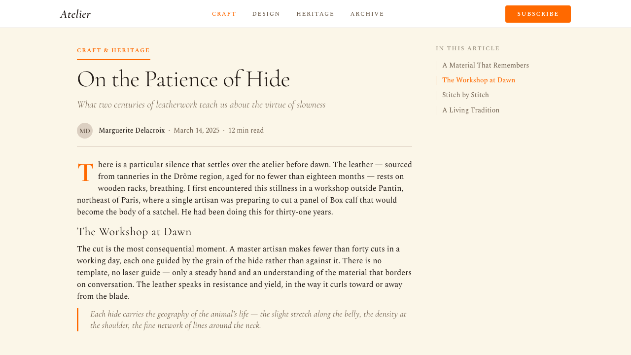 Hermès design style applied to a Article page