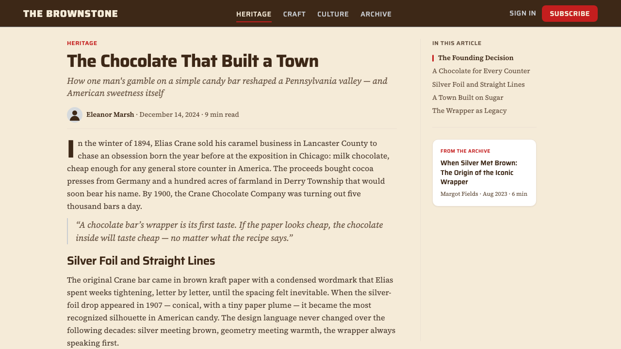 Hershey's Chocolate Brown (1894) design style applied to a Article page