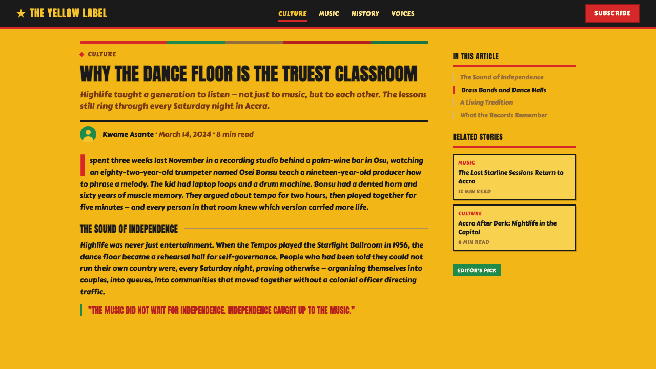 Ghanaian Highlife design style applied to a Article page