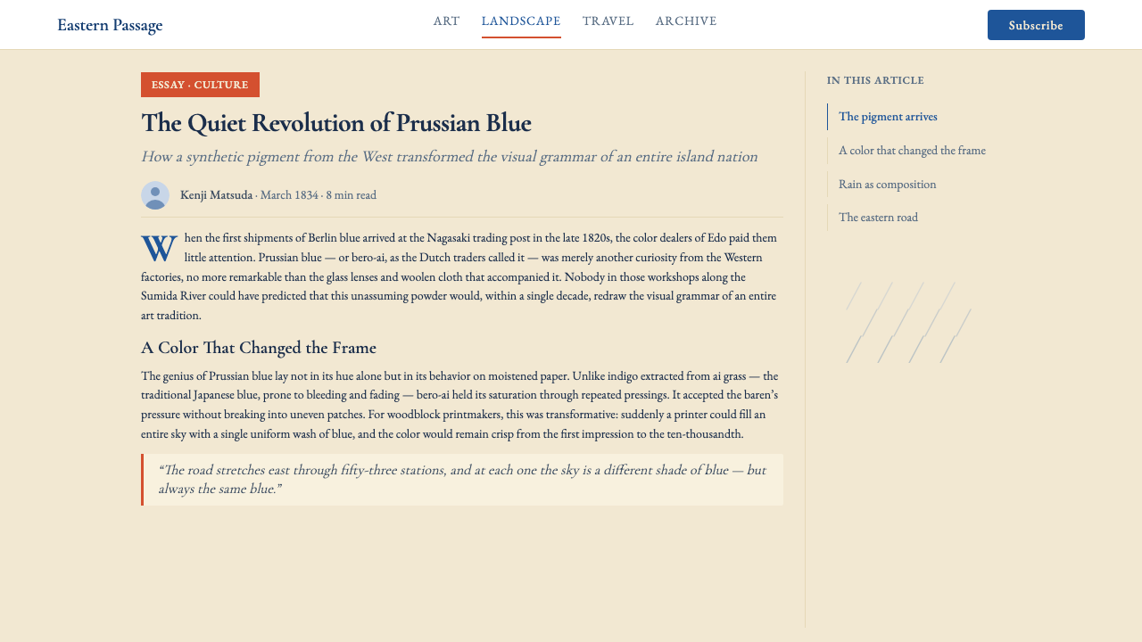 Hiroshige — Tokaido Road design style applied to a Article page