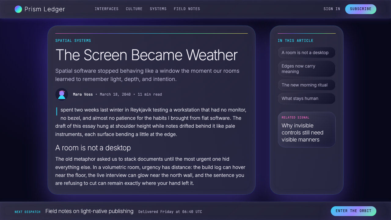 Holographic UI 2040 design style applied to a Article page