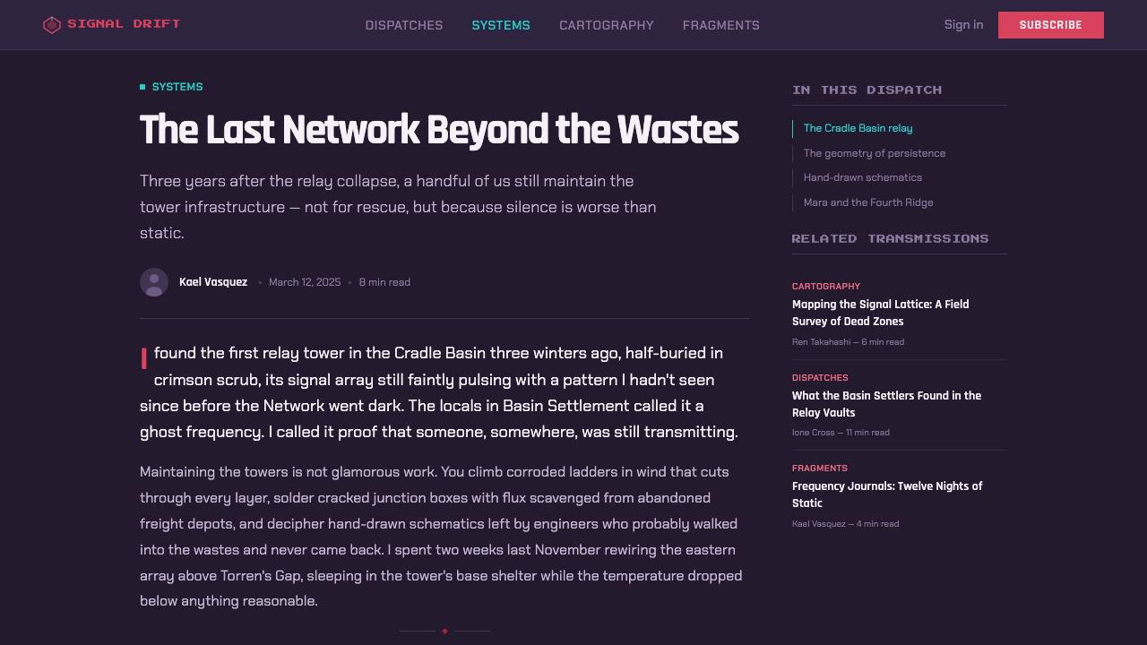 Hyper Light Drifter design style applied to a Article page