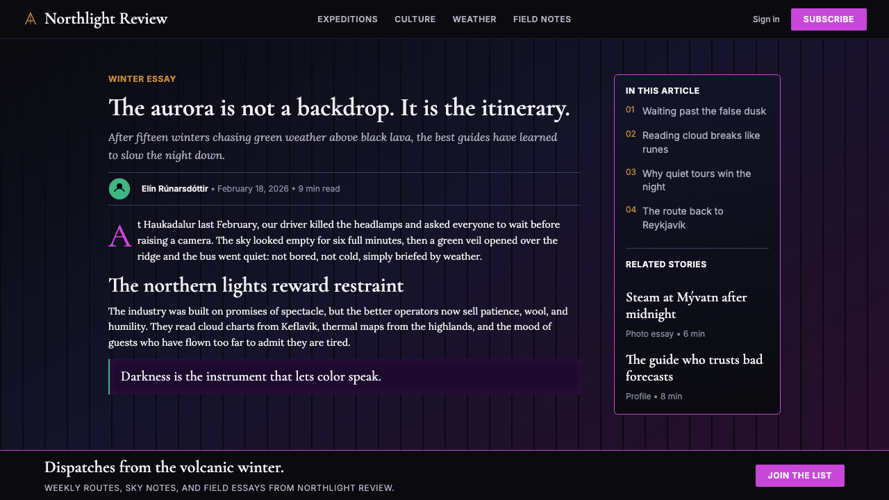Icelandic Aurora Tourism design style applied to a Article page