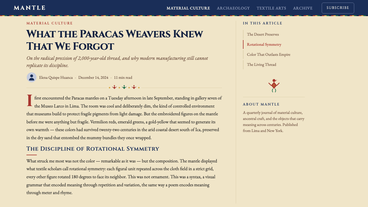 Paracas Andean Textile design style applied to a Article page