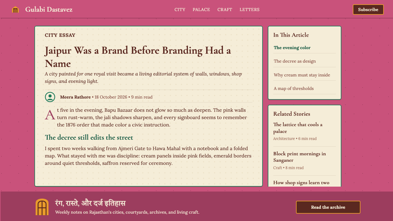 Jaipur Pink City Rajasthan design style applied to a Article page
