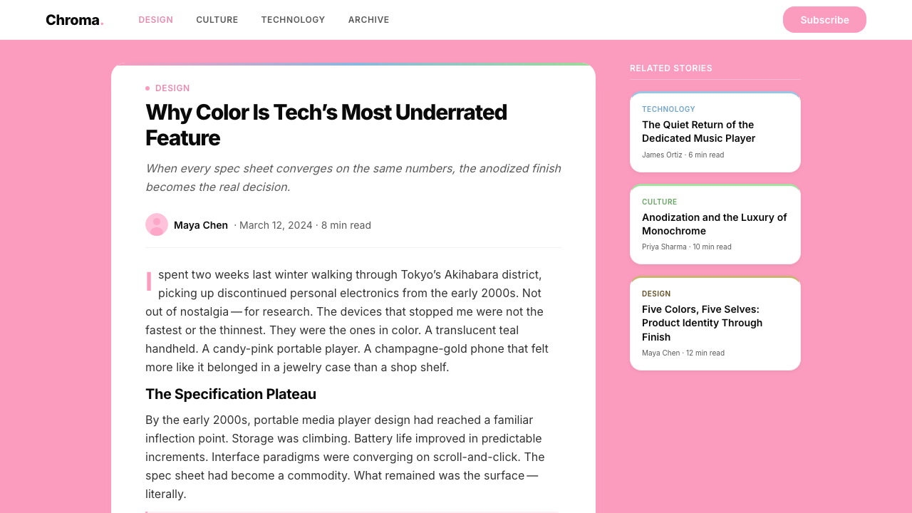 iPod Mini Anodized (2004) design style applied to a Article page
