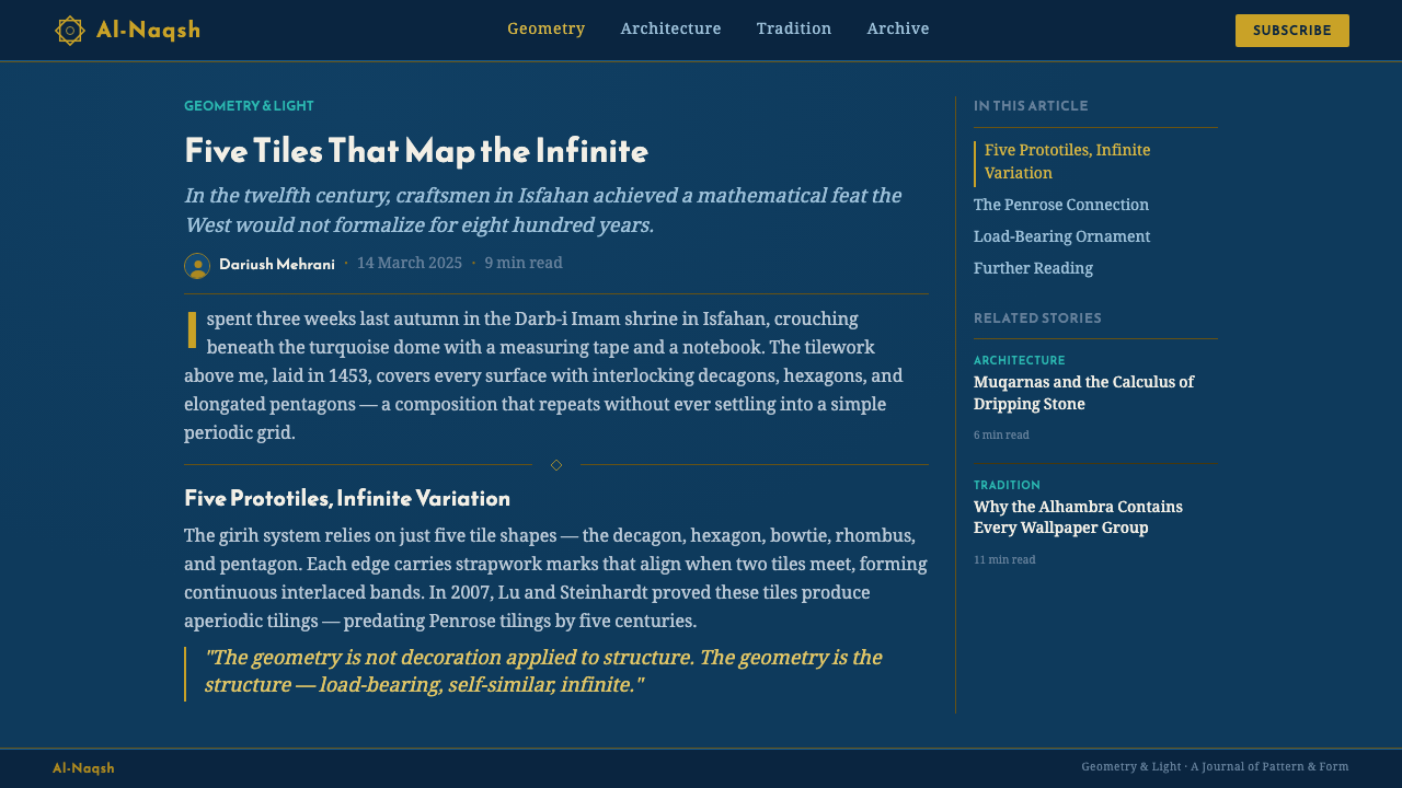 Islamic Girih Tiles design style applied to a Article page