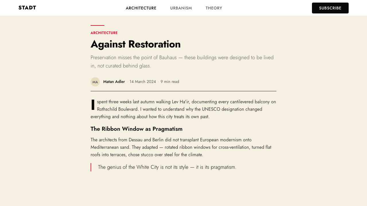 Israeli Bauhaus Tel Aviv (White City) design style applied to a Article page