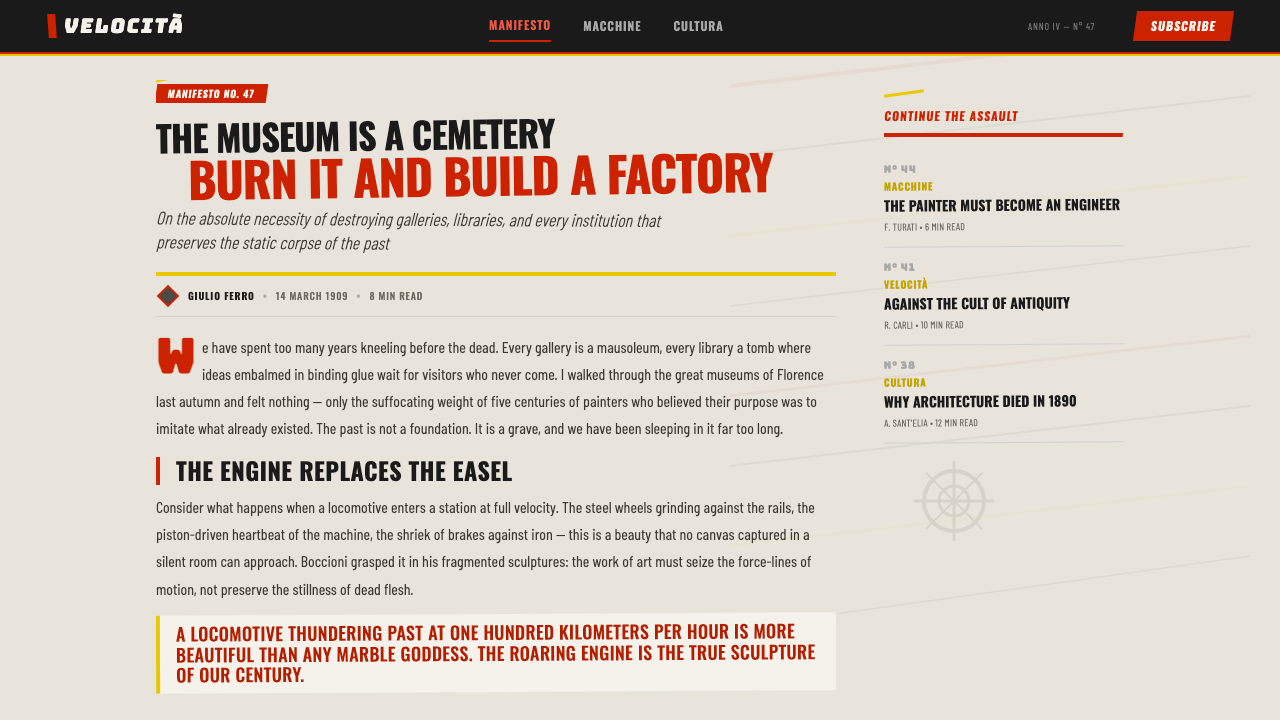 Italian Futurism (Marinetti 1909) design style applied to a Article page