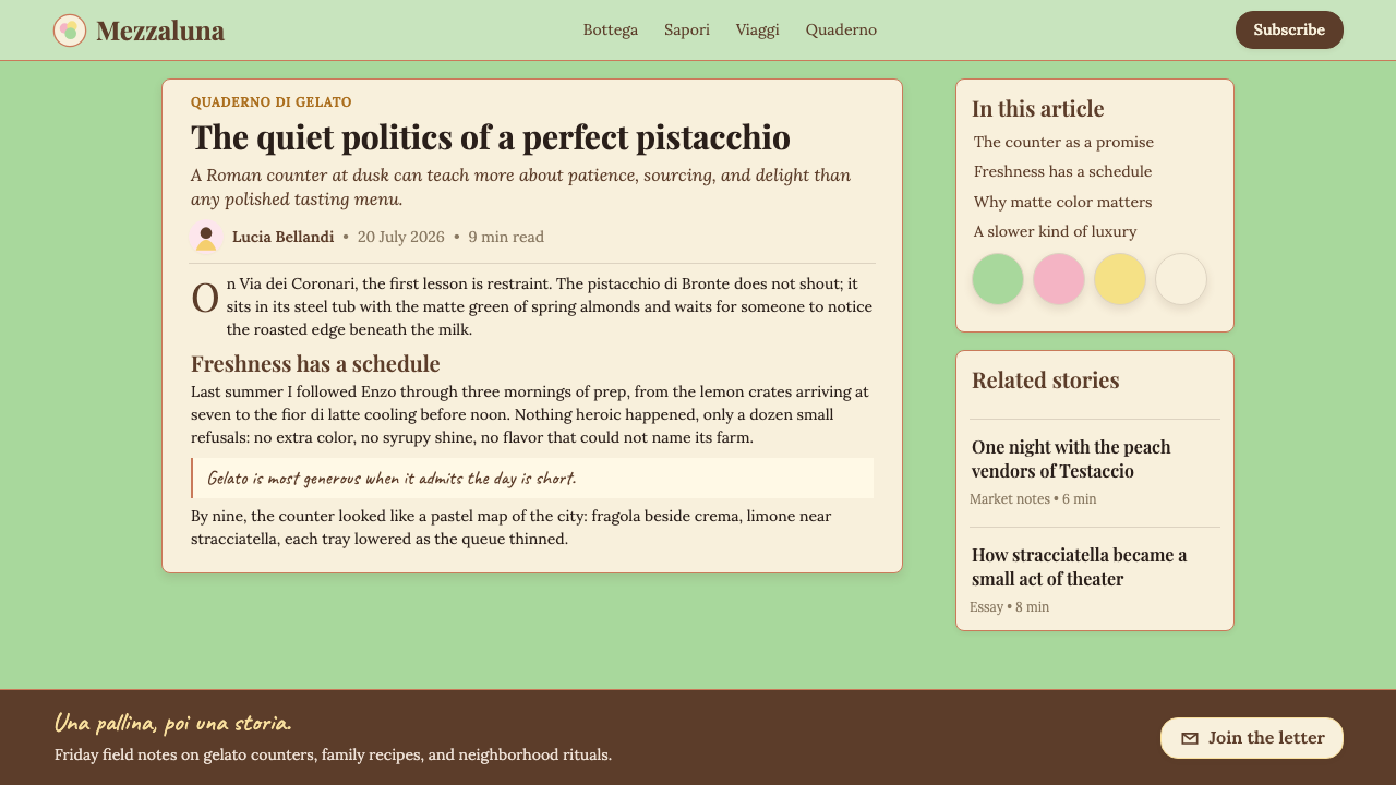 Italian Gelato Shop design style applied to a Article page