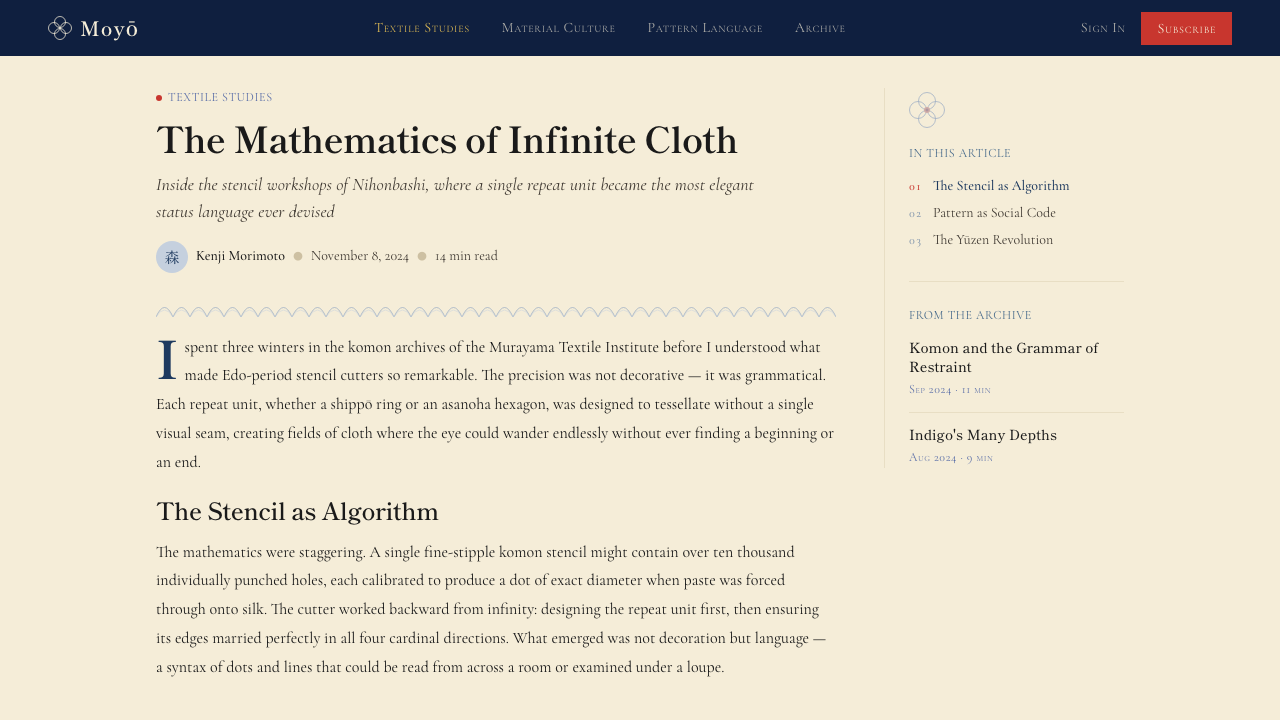 Edo Kimono Textile design style applied to a Article page