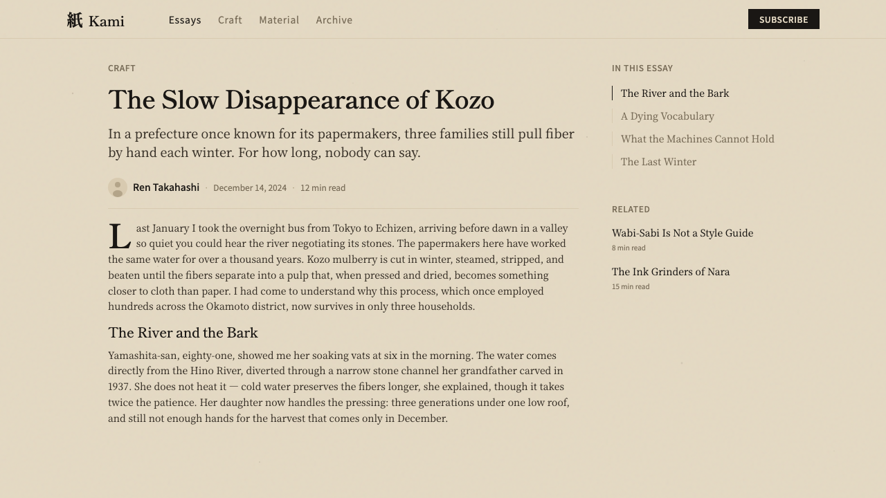 Washi Paper Minimal design style applied to a Article page